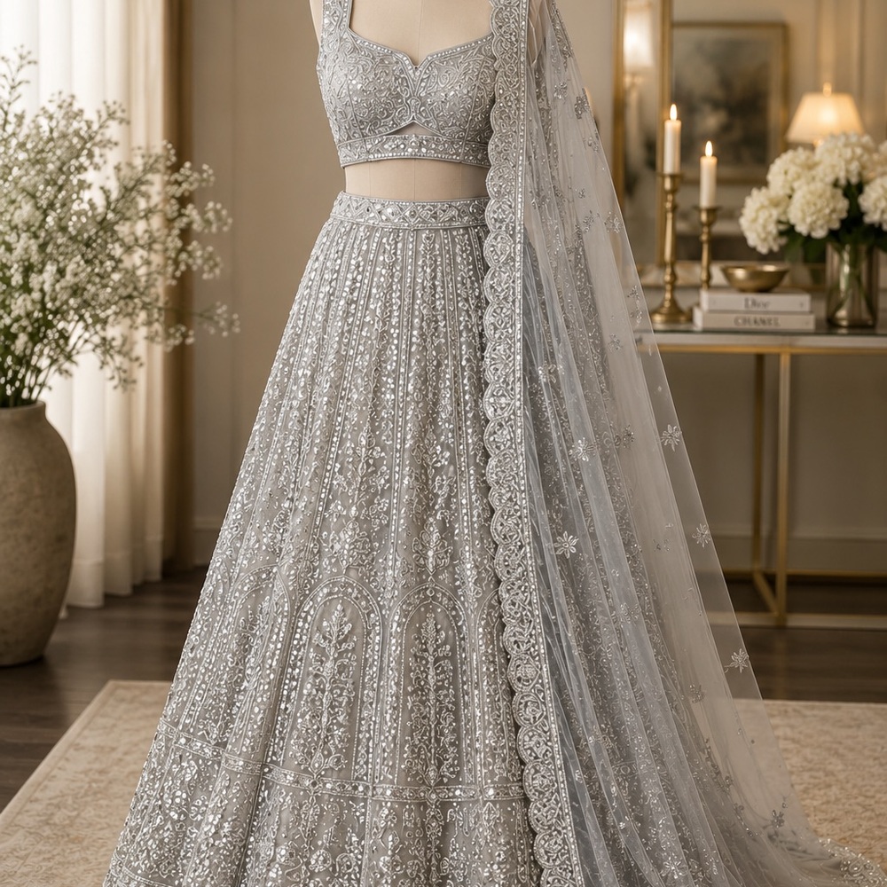 Silver Beaded Lehenga Set with Sheer Dupatta